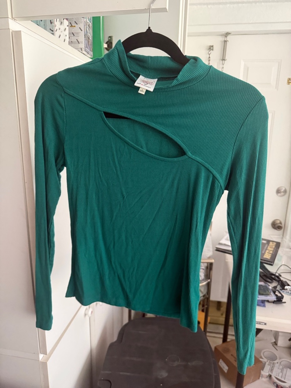 Self Esteem Teal Ribbed Long Sleeve Top with Diagonal Keyhole